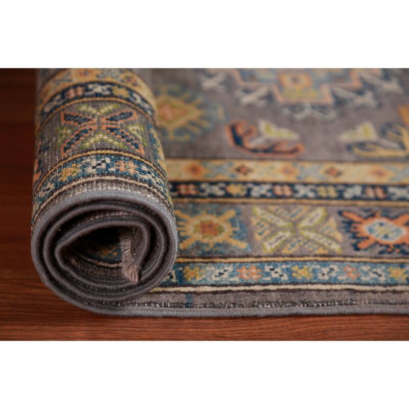 Gray Geometric Kazak Foyer Rug Hand-Knotted Wool Carpet - 2'8"x 4'1"