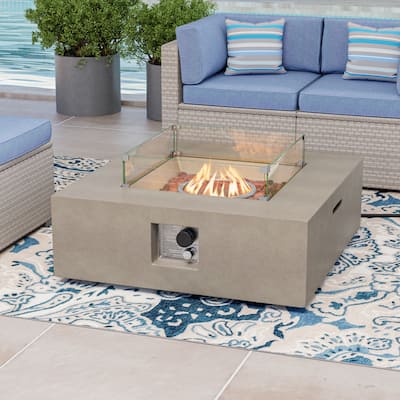 COSIEST Outdoor Ecru Square Propane Fire Pit with Wind Guard