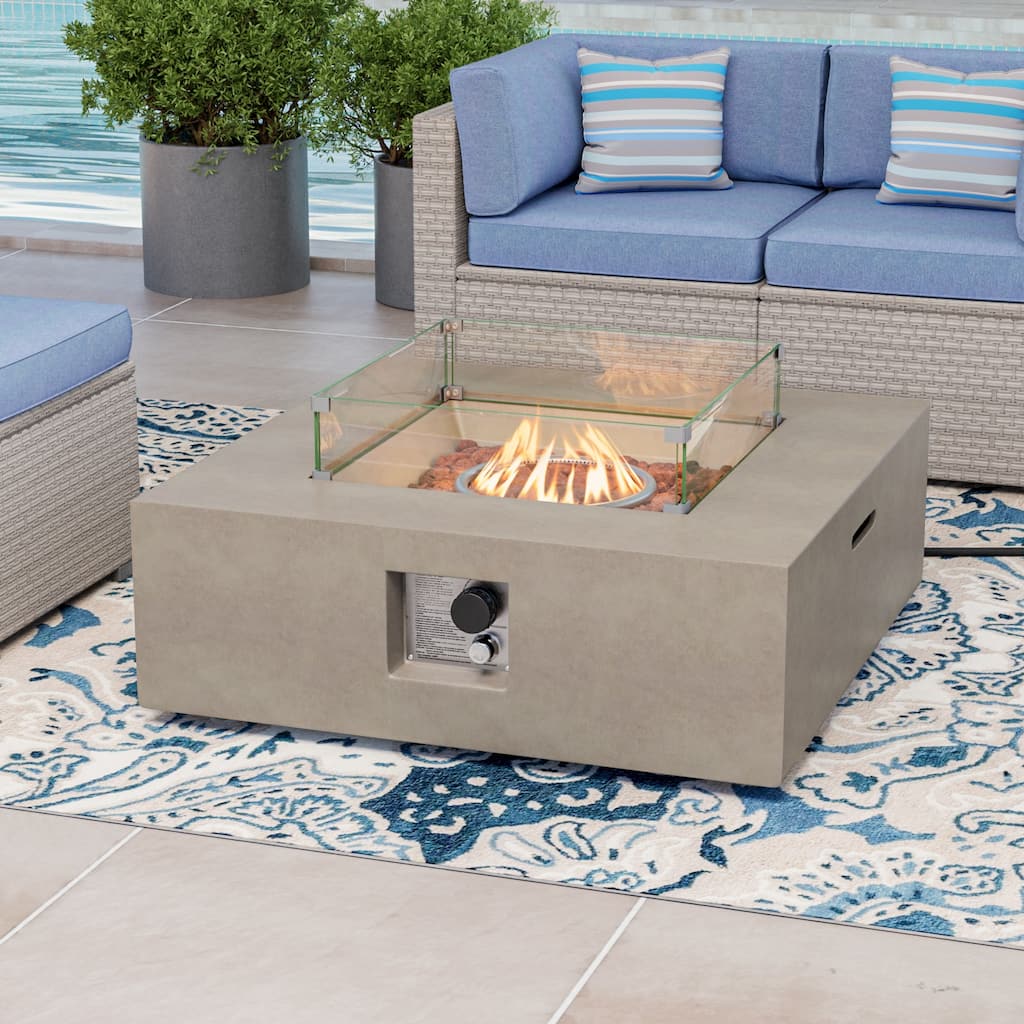 COSIEST Outdoor Ecru Square Propane Fire Pit with Wind Guard