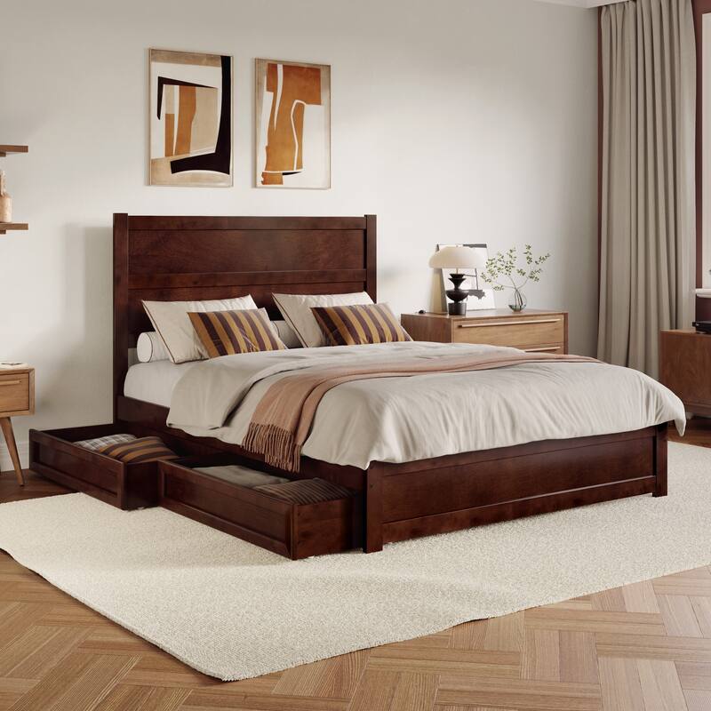 Aveline Wood Platform Bed with Matching Footboard & Storage Drawers - Queen - Walnut