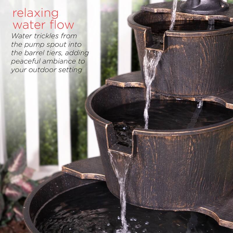 Alpine Corporation 40" Tall Outdoor 3-Tier Barrel Pump Waterfall Fountain, Brown