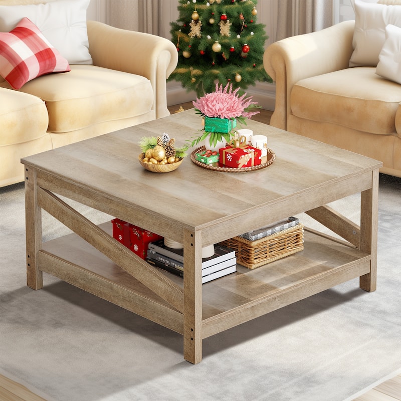 Moasis Farmhouse Coffee Table with Shelf, 2-Tier Center Table for Living Room - 31"X31" - Grey