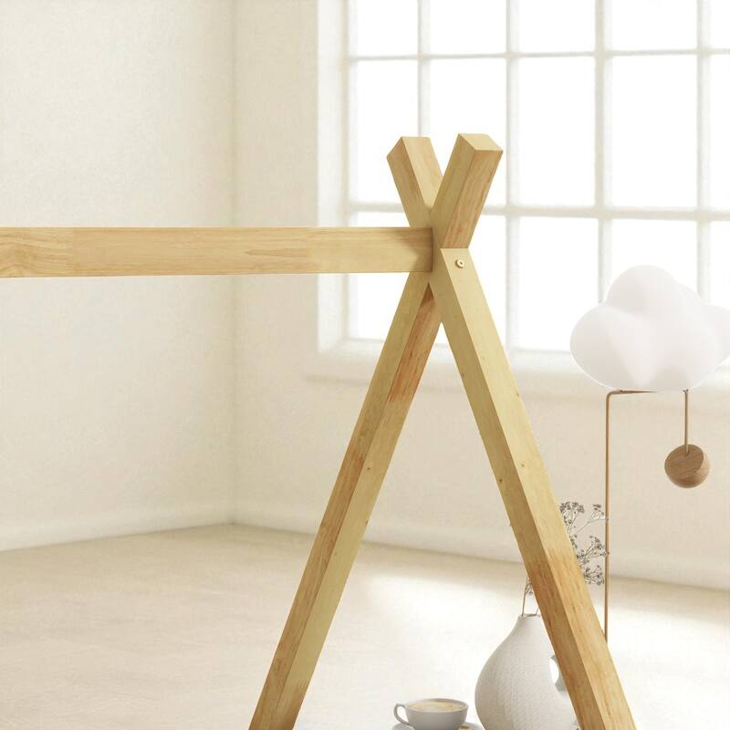 Twin Size Rubber Wood Teepee Floor Bed with Guardrails, Slats and Door for Kids Bedroom