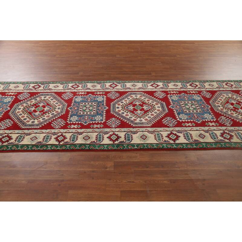 Red Geometric Kazak Runner Rug Handmade Wool Carpet - 4'0" x 13'5"