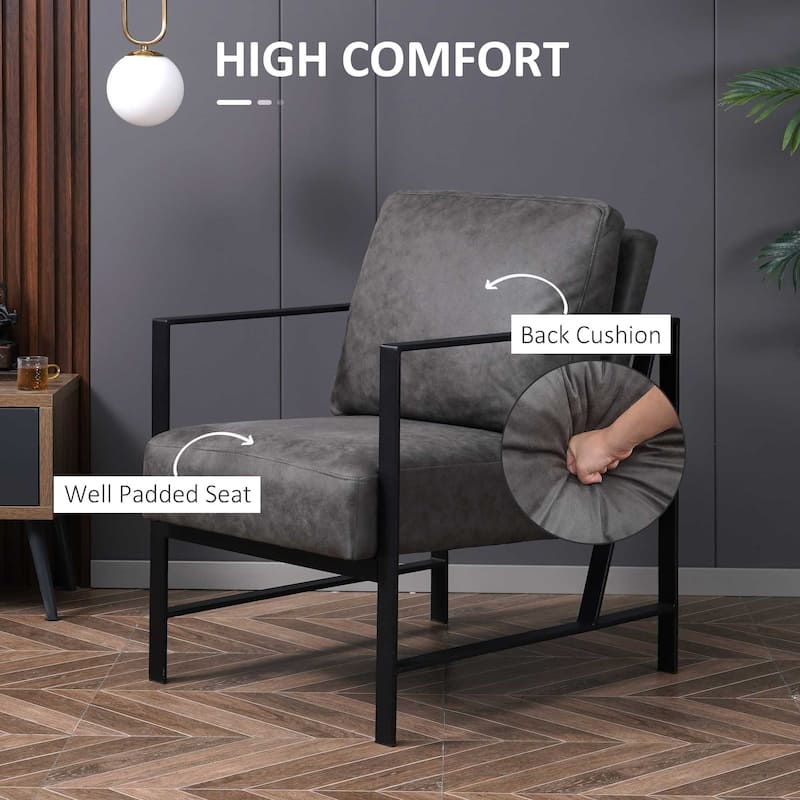 HOMCOM Industrial Accent Chairs with Cushioned Seat and Back, Upholstered Faux Leather Armchair for Bedroom, Living Room Chair
