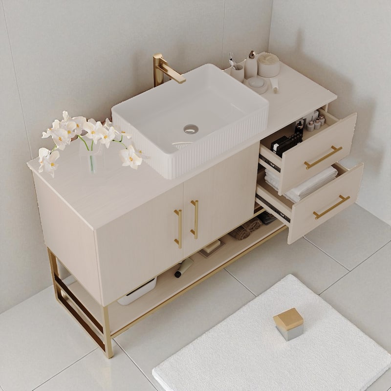 47.2" Modern Bathroom Vanity with Ceramic Vessel Sink, Gold Stainless Steel Base and Storage Cabinet