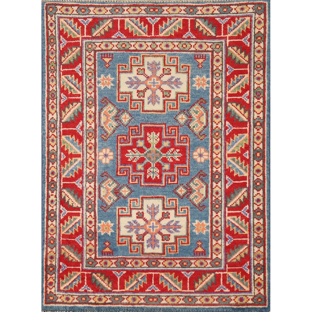 Blue Geometric Kazak Oriental Rug Handmade Wool Carpet - 2'0"x 3'0"