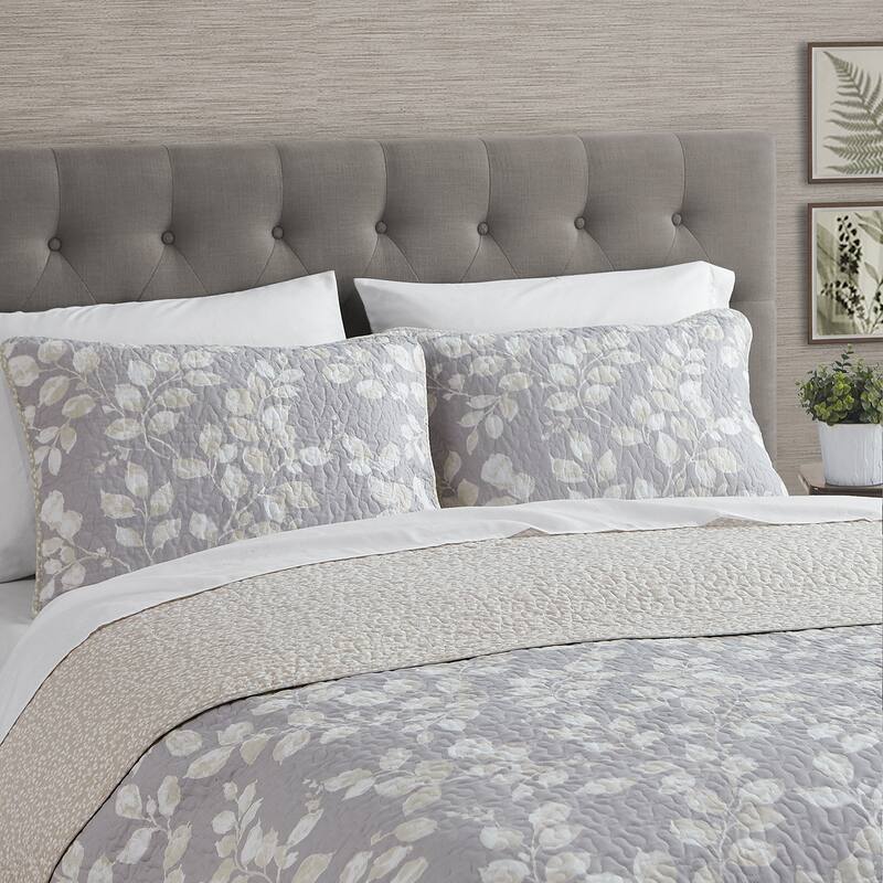 DESIGN STUDIO Camden Leaves Grey/Neutral Cotton Quilt Set