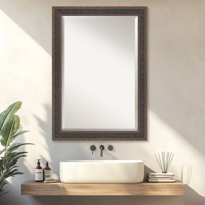 Attic Aged Beveled Wood Framed Bathroom Vanity Wall Mirror