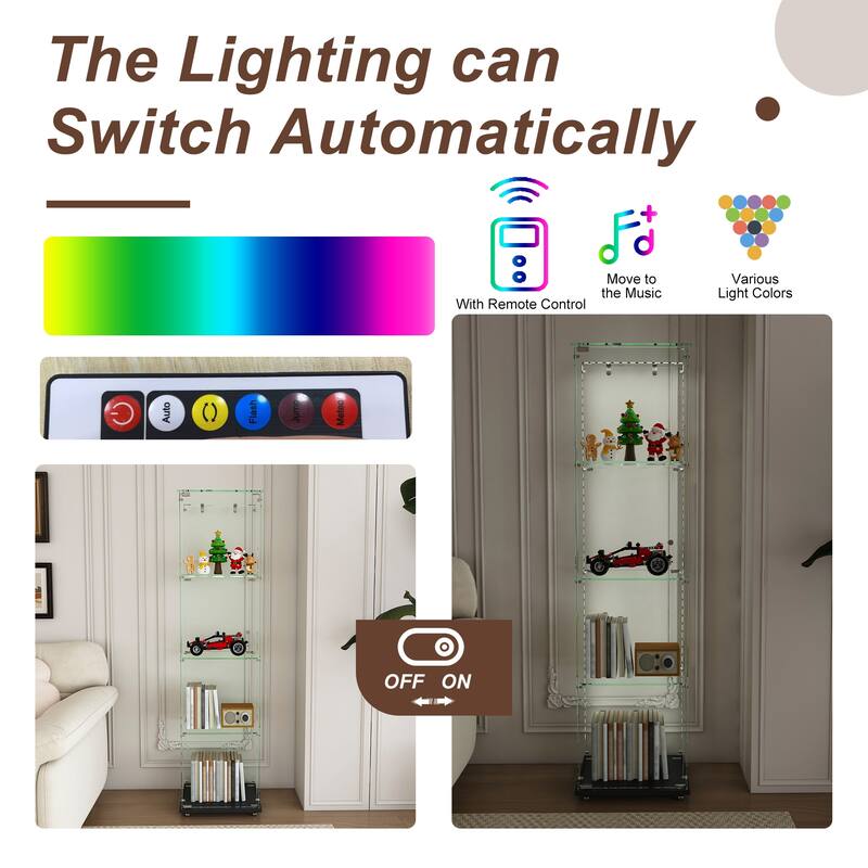 Roomfitters Glass Display Cabinet with Lighting, 4 Tier Curio Case for Collectibles, Floor Standing Showcase, Black