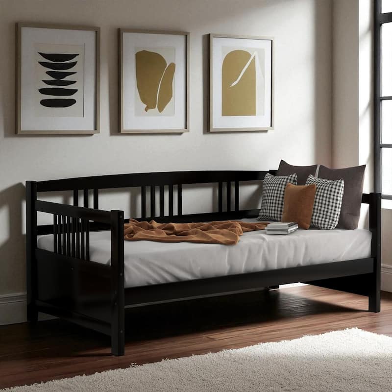 Modern Twin Size Solid Wood Daybed with 3-Sided Rail, Vintage Style Frame with Slats, Multifunctional Sofa Bed - Espresso - Twin