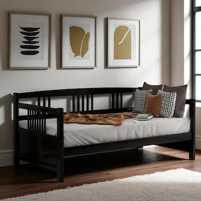 Modern Twin Size Solid Wood Daybed with 3-Sided Rail, Vintage Style Frame with Slats, Multifunctional Sofa Bed