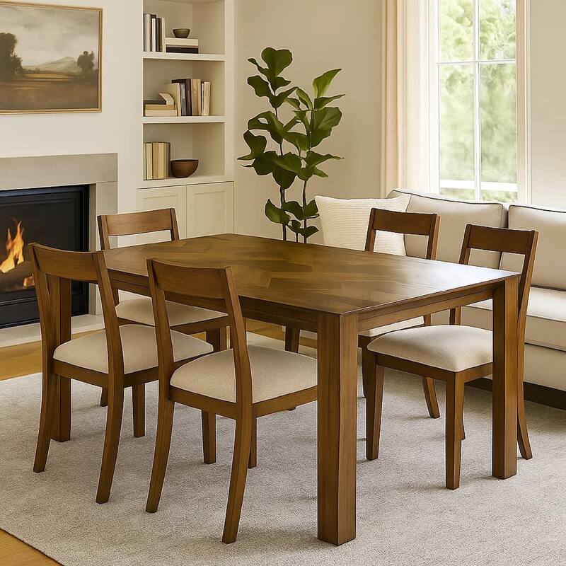 Liyo Dining Table, 71 Inch Rectangular Brown Wood Top, Block Legs