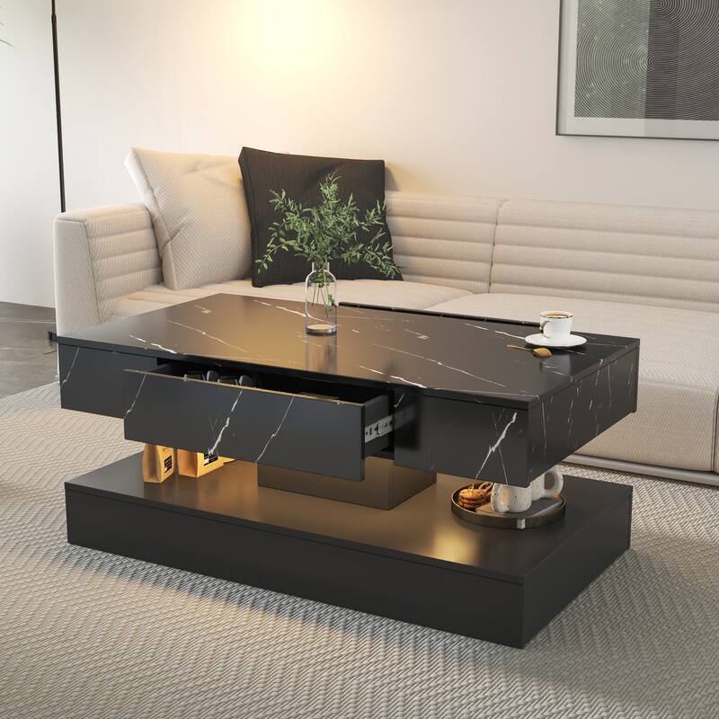 High-Glossy LED Coffee Table with 2 Drawers, Living Room Storage Tables with Marbling Print, Stylish Double-Layer Center Tables
