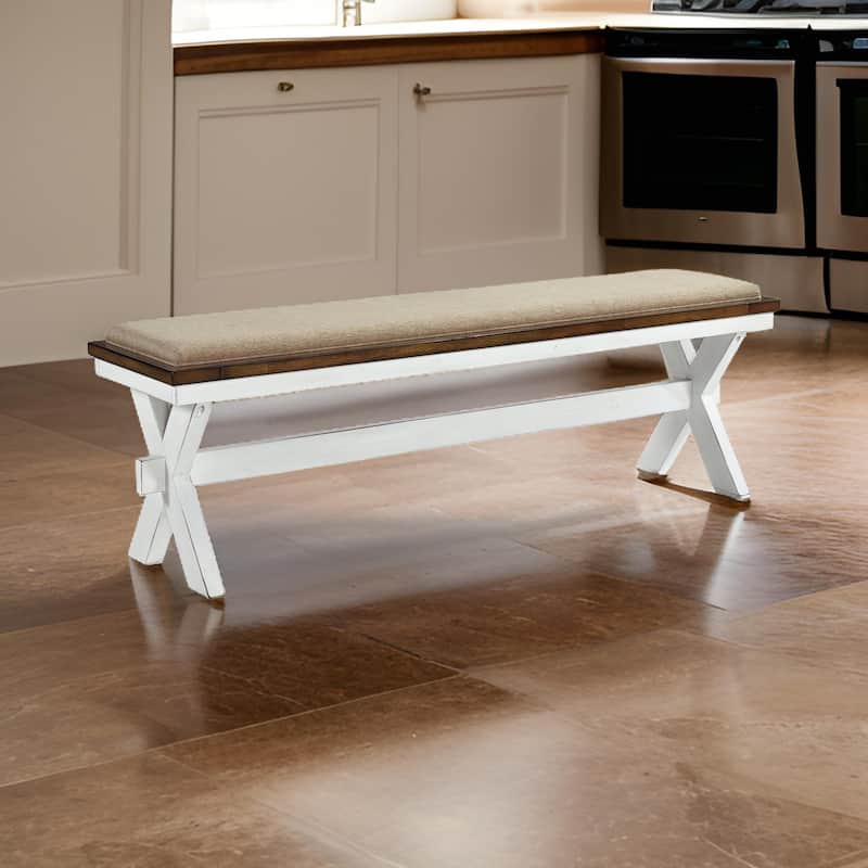 60 Inch Bench, Polyester Upholstery, Crossed Legs, Antique White Finish