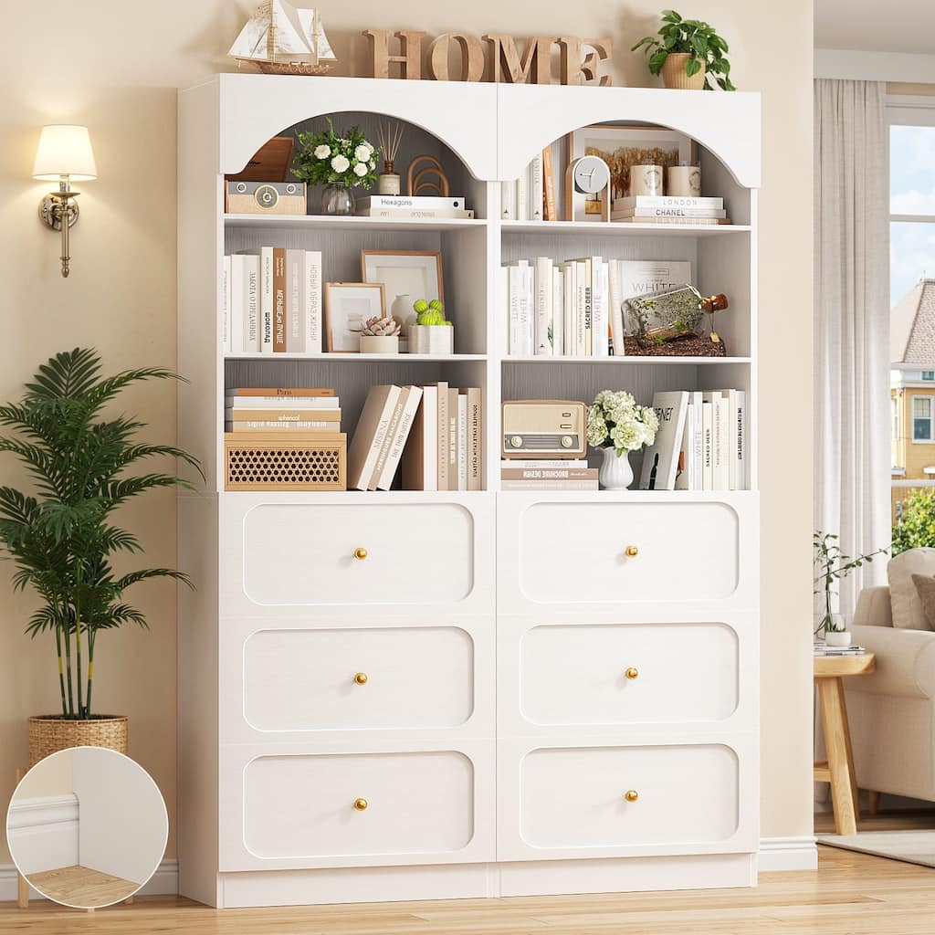 80'' Tall Arched Bookcase with 3 Drawers, Storage Bookshelves/ Pantry with Open Shelves