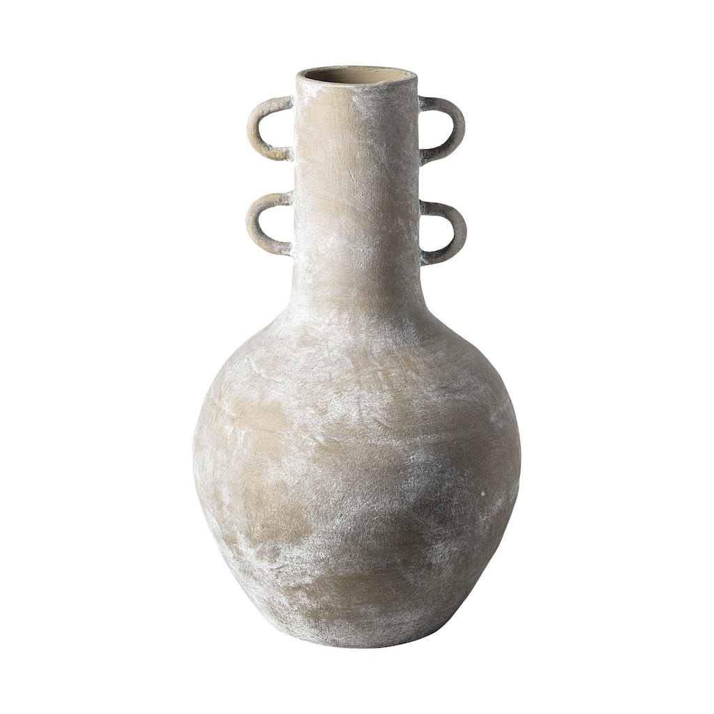 Rustic Whitewash Brown Double Handle Ceramic Vase - 11" W x 19" H x 11" D