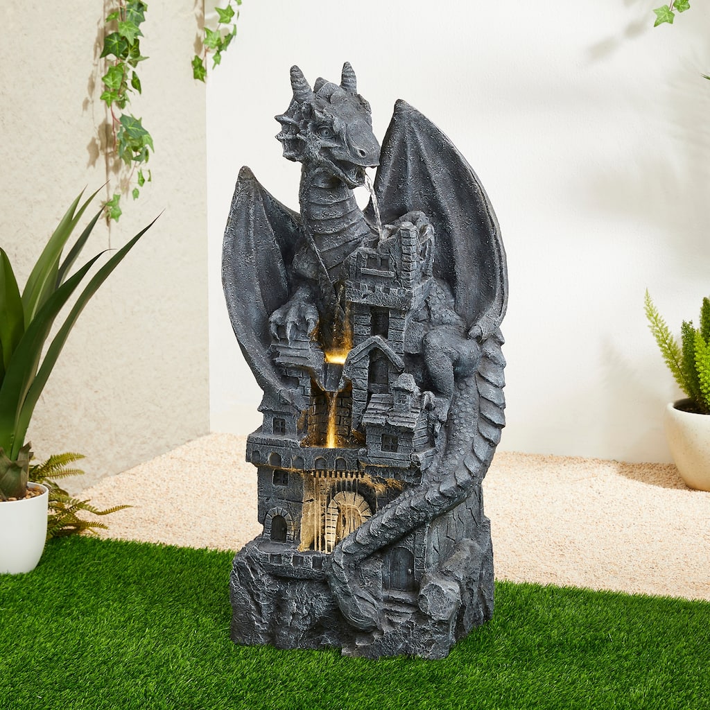 Glitzhome 36.5"H LED Mystical Gothic Dragon 4-Tier Polyresin Outdoor Floor Fountain - 36.5"