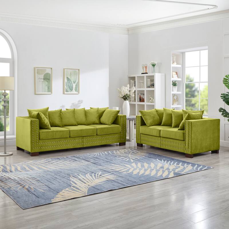 Velvet Upholstered Storage Sofa Set with Loveseat Sofa and 3 Seater Couch, Square Armrests with Silver Nails Decoration