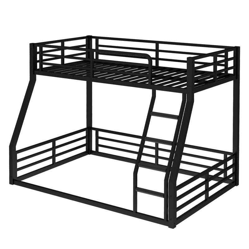 Roomfitters Twin over Full/Queen Metal Floor Bunk Bed Frame, Heavy-Duty Noise-Reduced Design, Black