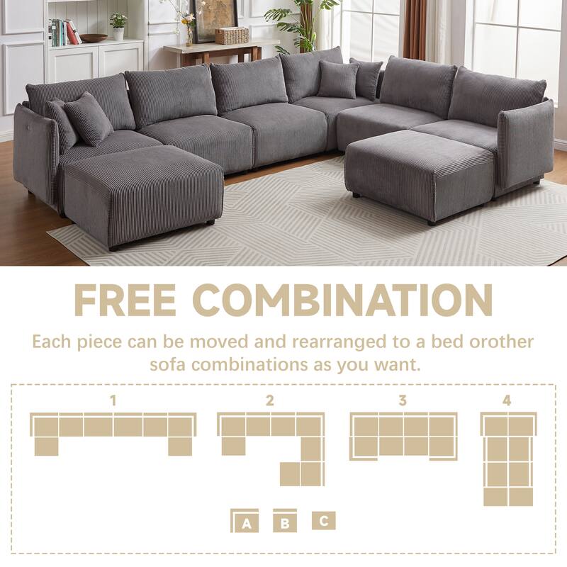 106.3" Corduroy Modular Sectional Sofas with USB-C Charging and 4 Comfort Cushions (Set of 2)
