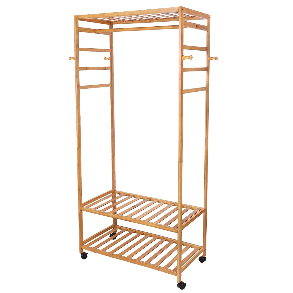 Bamboo Rolling Clothes Rack with Storage Shelves and Hanging Rod - W 30.9" x D 15.75" x H 66.34"