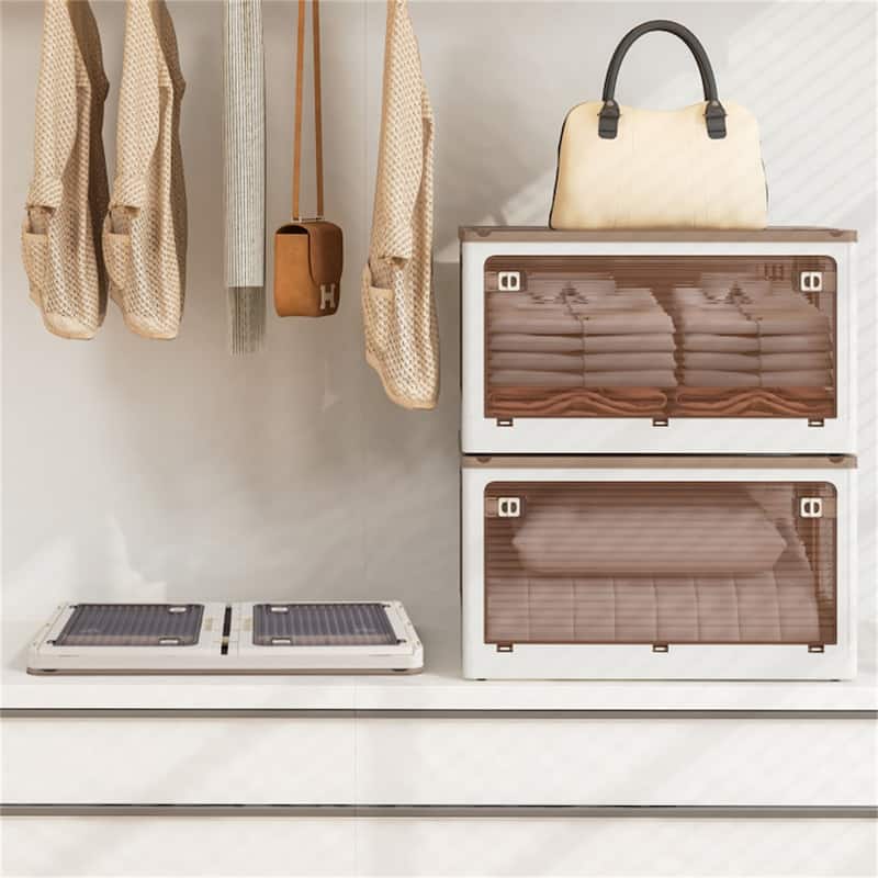 Cream White-Clear Brown Foldable Storage Bins 3-Pack with Wheels