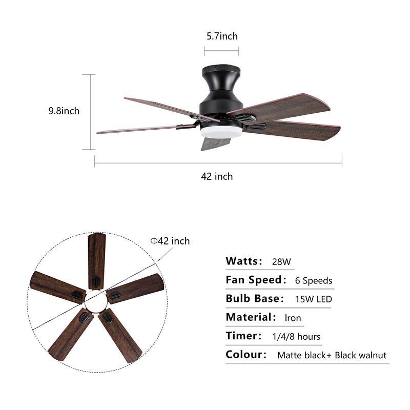 42" Low Profile Ceiling Fan with Light and Remote Control, Flush Mount, Reversible, 3CCT