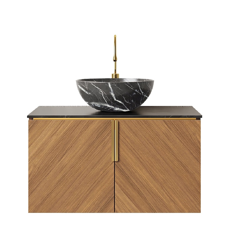 Wall-mounted Bathroom Vanity with Sink, Floating Storage Cabinet with Black Bowl Ceramic Basin and Sintered Stone Countertop