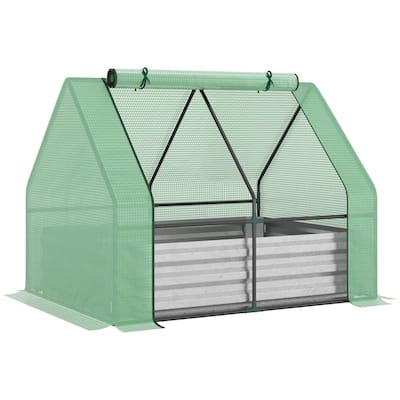 Outsunny Galvanized Raised Garden Bed with Mini Greenhouse Cover, Outdoor Metal Planter Box with 2 Roll-Up Windows