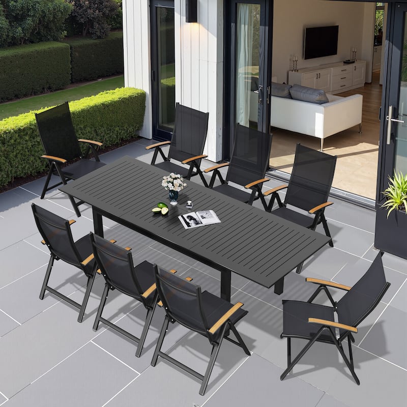 9pc Outdoor Aluminum Rectangular Extendable Patio Dining Sets Table with Folding Chair - Black