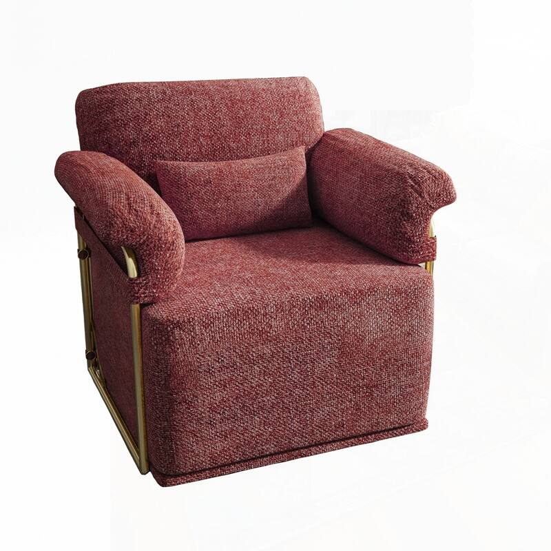 360 Degree Barrel Swivel Fluffy Fabric Lounge Wide Upholstered Reading Chair with Gold Metal Legs - Red/Brown - Square Seat