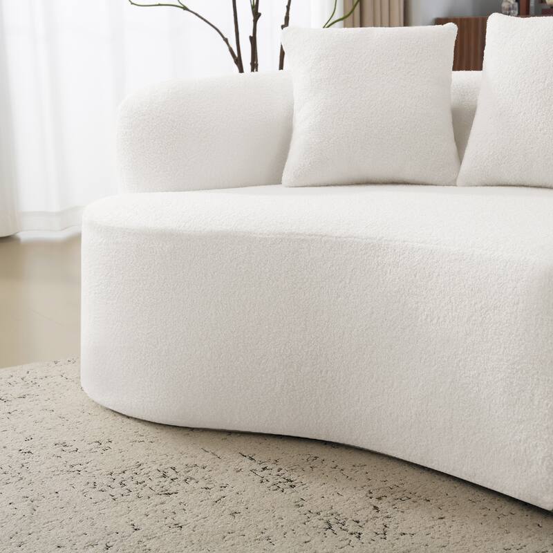 Curved Four Seater White Sofa, Teddy Velvet Fabric, Foam+Spring, Compact for Small Spaces