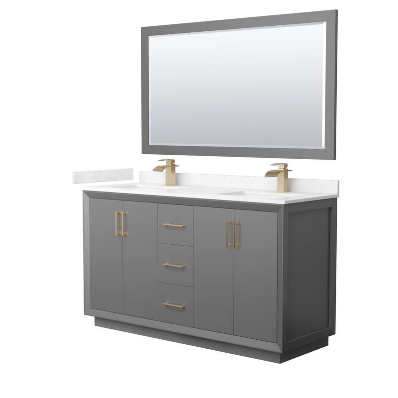 Strada 60-Inch Double Vanity Set, Cultured Marble Top, 58-Inch Mirror - Dark Gray, Bronze Trim,Carrara Cultured Marble Top
