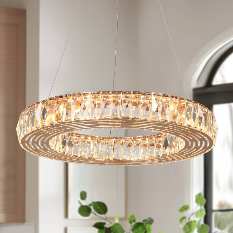 Modern Glam LED 1-Light Crystal Chandelier Drum Ring Lights for Dining Living Room Bedroom - D22" x H3.3"
