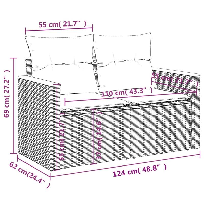 vidaXL 5 Piece Patio Sofa Set with Cushions Grey Poly Rattan (US only) - 92.1x27.2x24.4