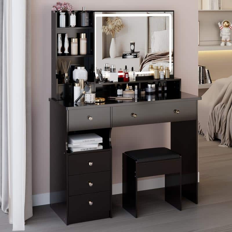 Vanity Dresser with Mirror and Stool Set Storage Drawers Luxury Furniture - Black