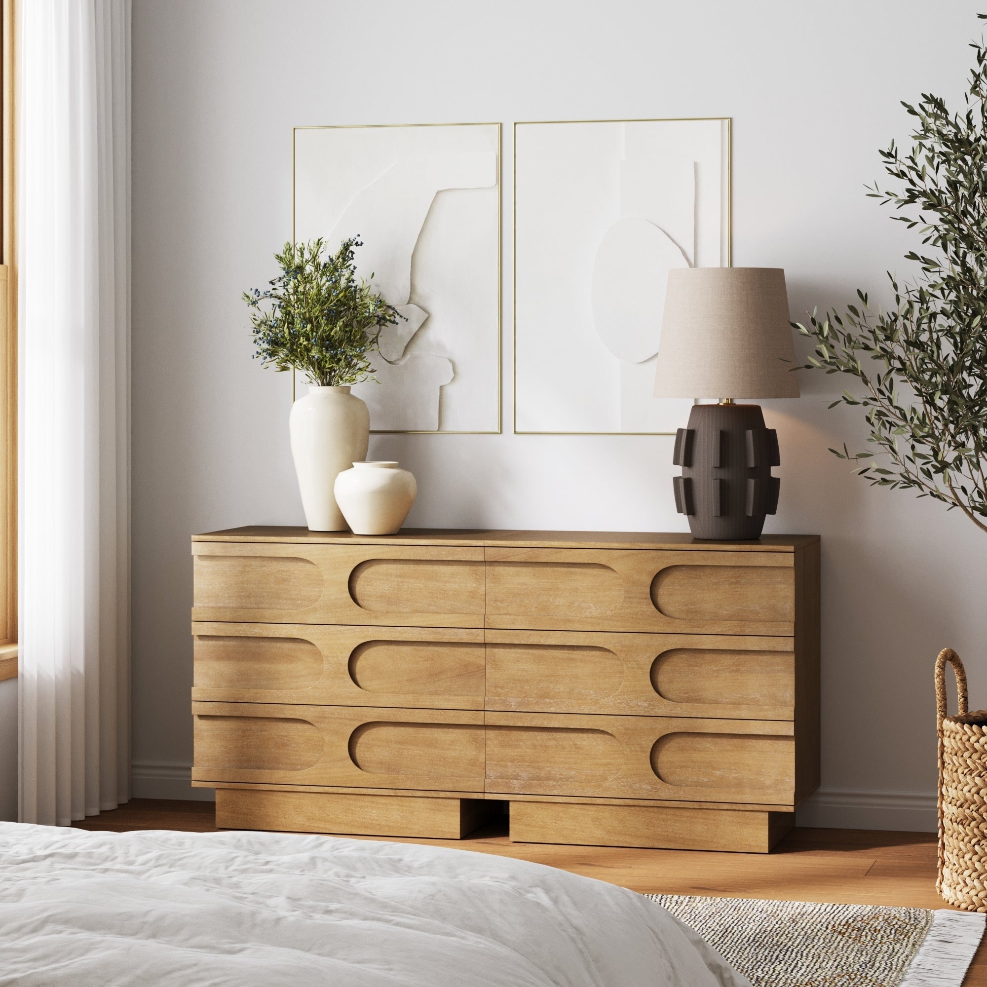 solid wood modern dresser Classic Mid-Century Caramel 6-Drawer 57 in. Real wood is a product of nature Modern Simplicity Solid Wood Bedroom
