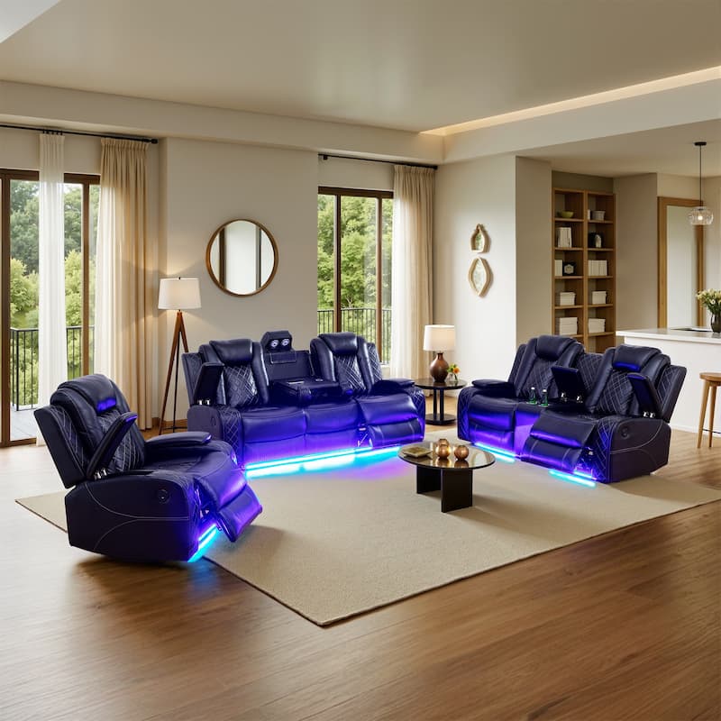 Modern 3-Piece Leather Recliner Sofa Set with LED, Wireless Charging - Black