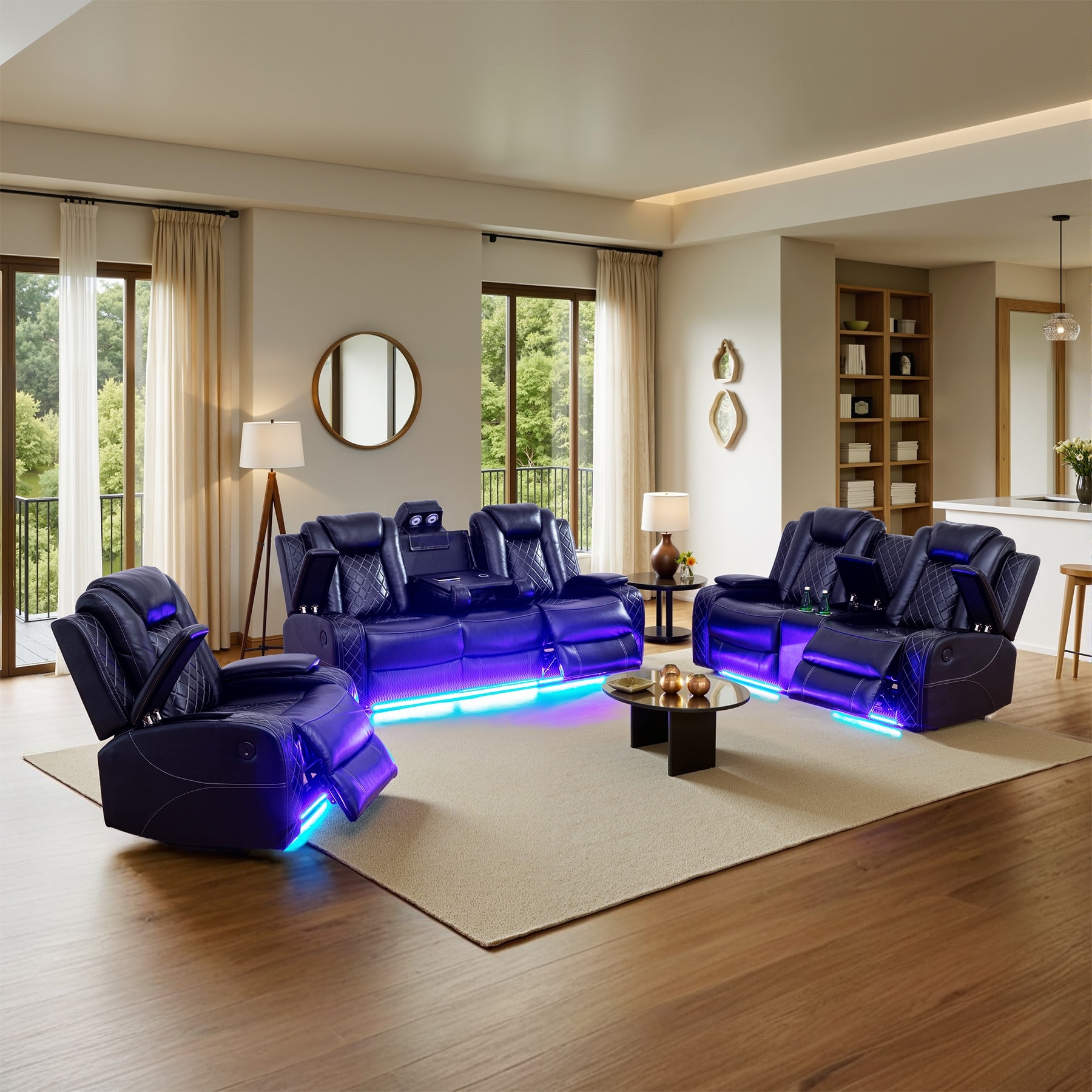 Modern 3-Piece Leather Recliner Sofa Set with LED, Wireless Charging