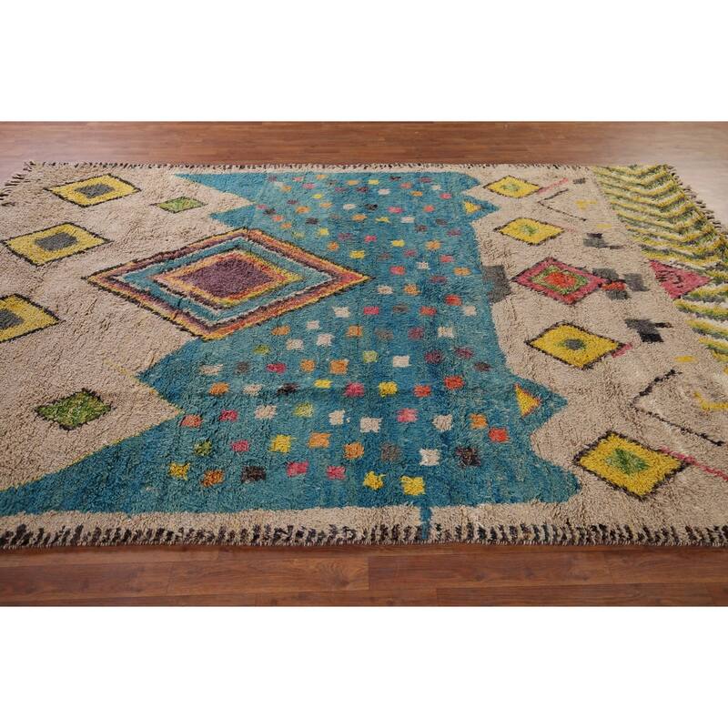 Geometric Plush Moroccan Rug Hand-Knotted Bedroom Wool Carpet - 7'1" x 10'3"