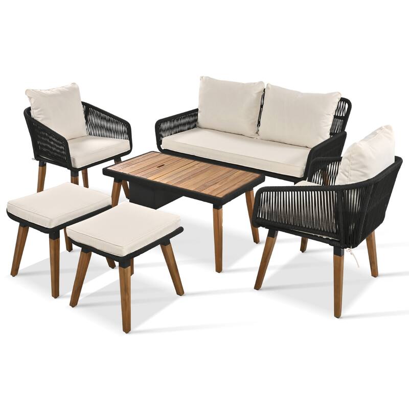 Outdoor 6-Piece Rope Conversation Sofa Set with Acacia Cool Bar Table & Stools