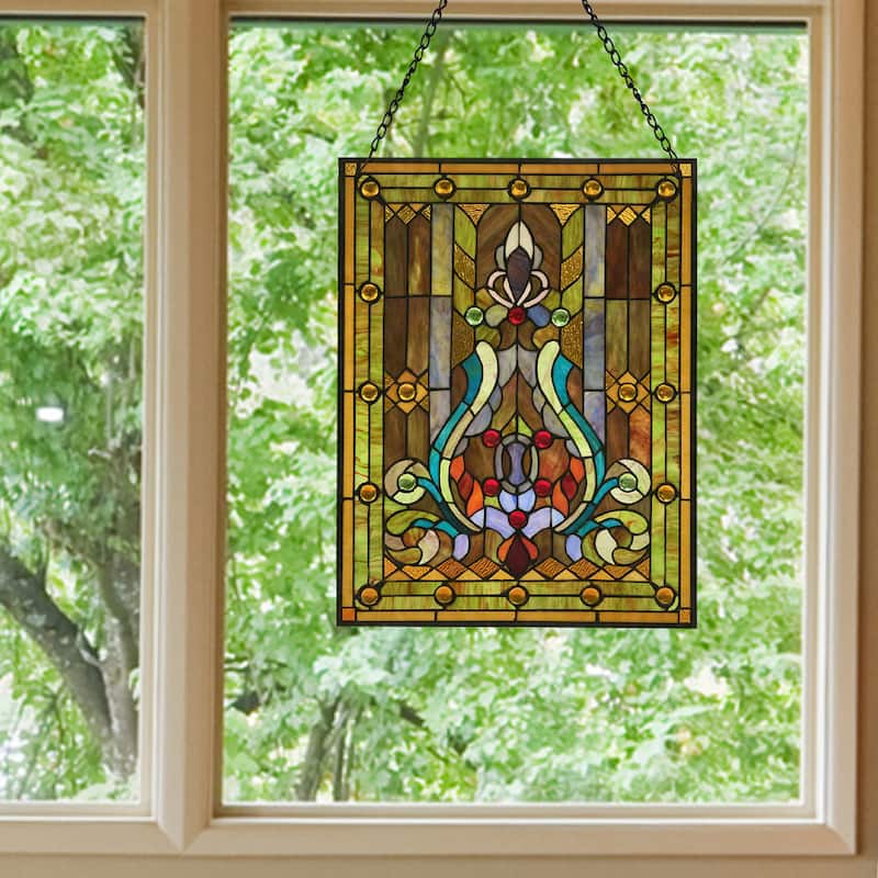 River of Goods Multicolor Stained Glass 24.75-inch High Fleur de Lis Window Panel - 18.875"L x 0.25"W x 24.75"H