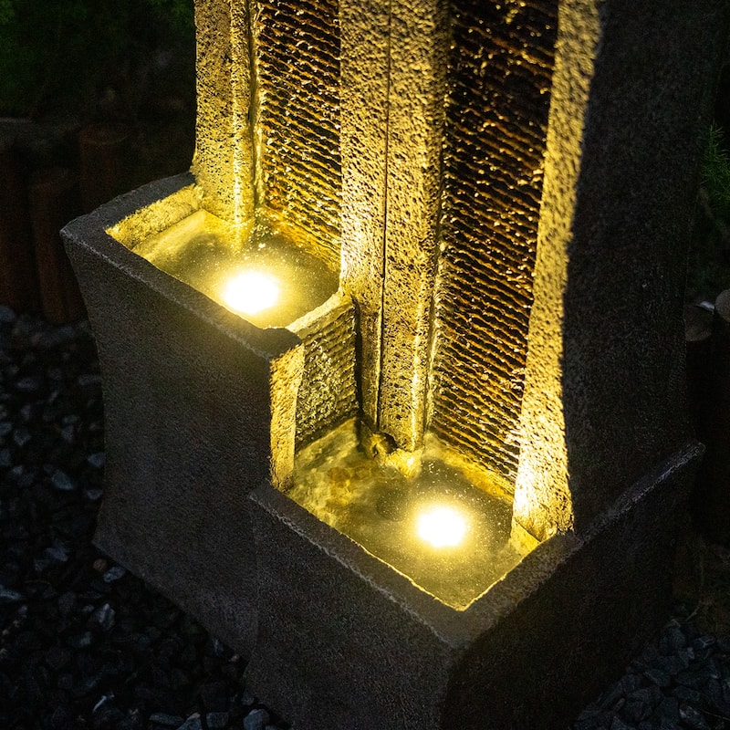 39.76” H Modern Outdoor Water Fountain Indoor Cascading Floor-Standing Fountains with Led Lights 2-Curved Column Waterfall