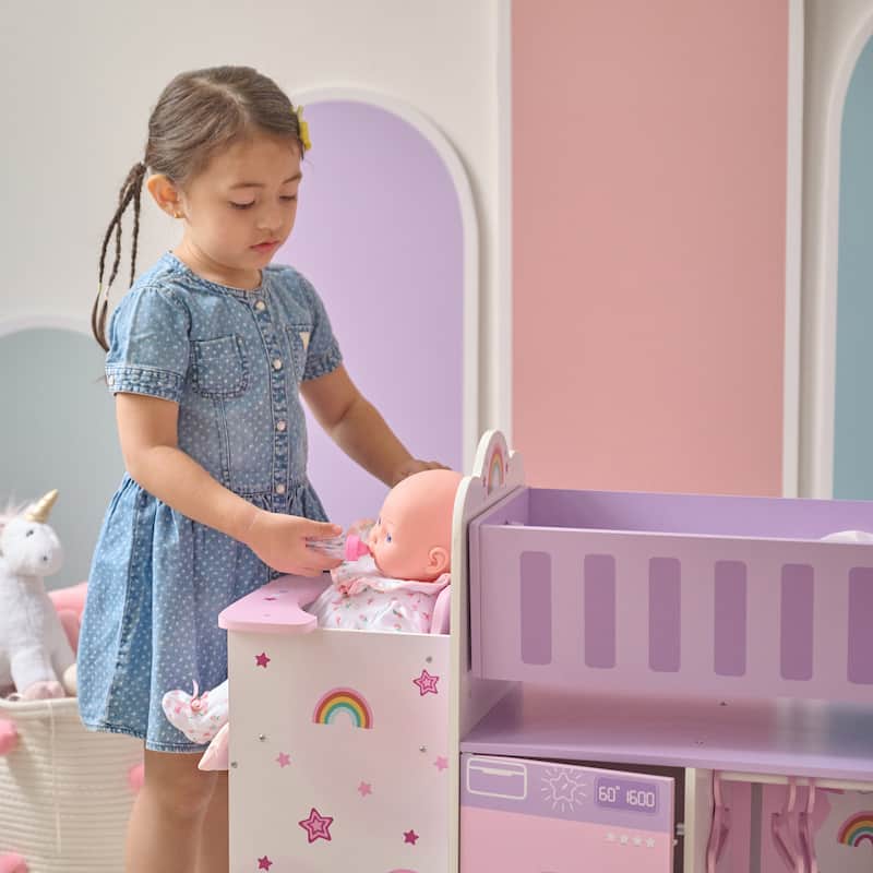 Teamson Kids Fantasy Care Wooden 6-in-1 Doll Nursery Pretend Play Set - Dollhouse with Furniture and Accessories, Toddler Gift