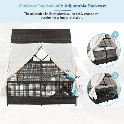 Outdoor Patio Daybed With Adjustable Backrest with Curtains,4 Pillows