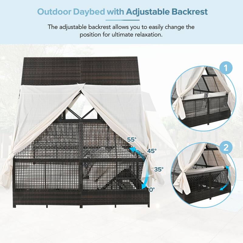 Outdoor Patio Rattan Daybed Sunbed with Triangle Tent, Adjustable Backrest, and Curtains