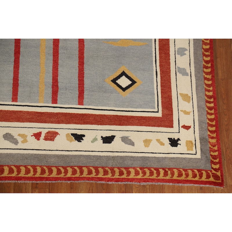Hand Knotted Oriental 100% Wool Carpet Modern Geometric Greys & Charcoal Gabbeh Area Rug - 9' 11'' X 8' 1''