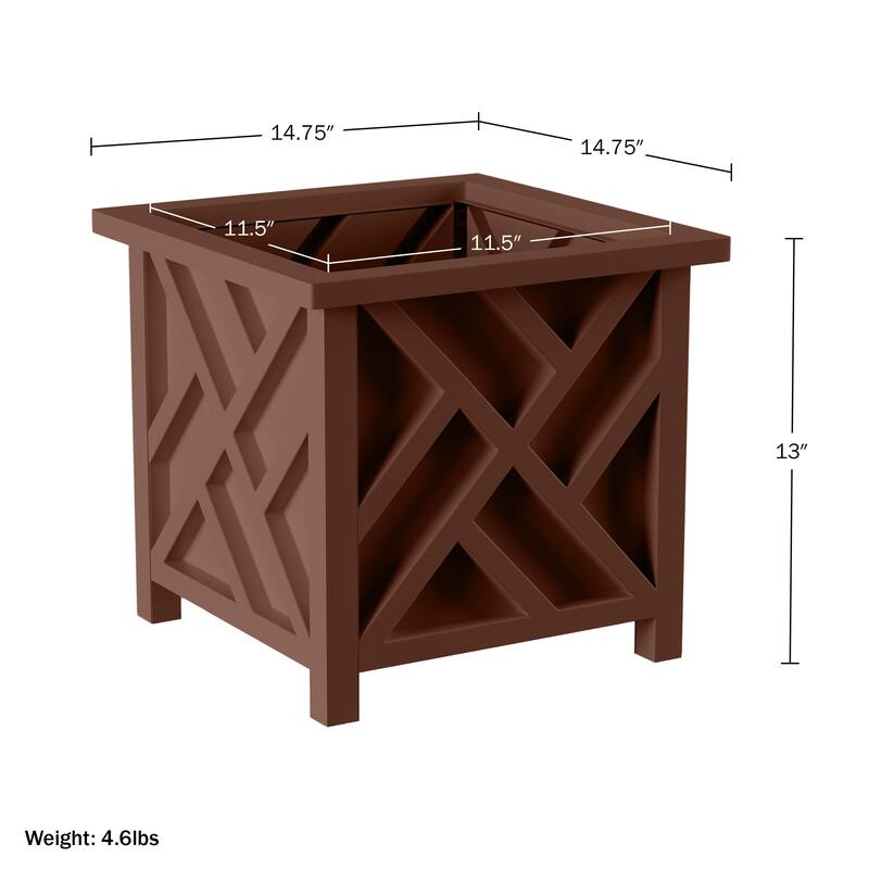 Lattice Design Planter Box - 14.75-Inch-Square Decorative Outdoor Flower or Plant Pot by Pure Garden (Brown)