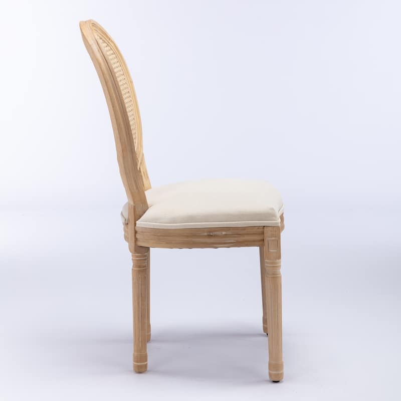 French Style Solid Wood Frame Linen Fabric Rattan Back Dining Chair,Set of 2